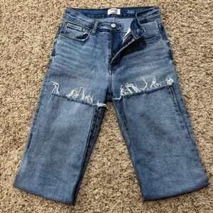 Kensie Blue Straight Jeans with Distressed Hem